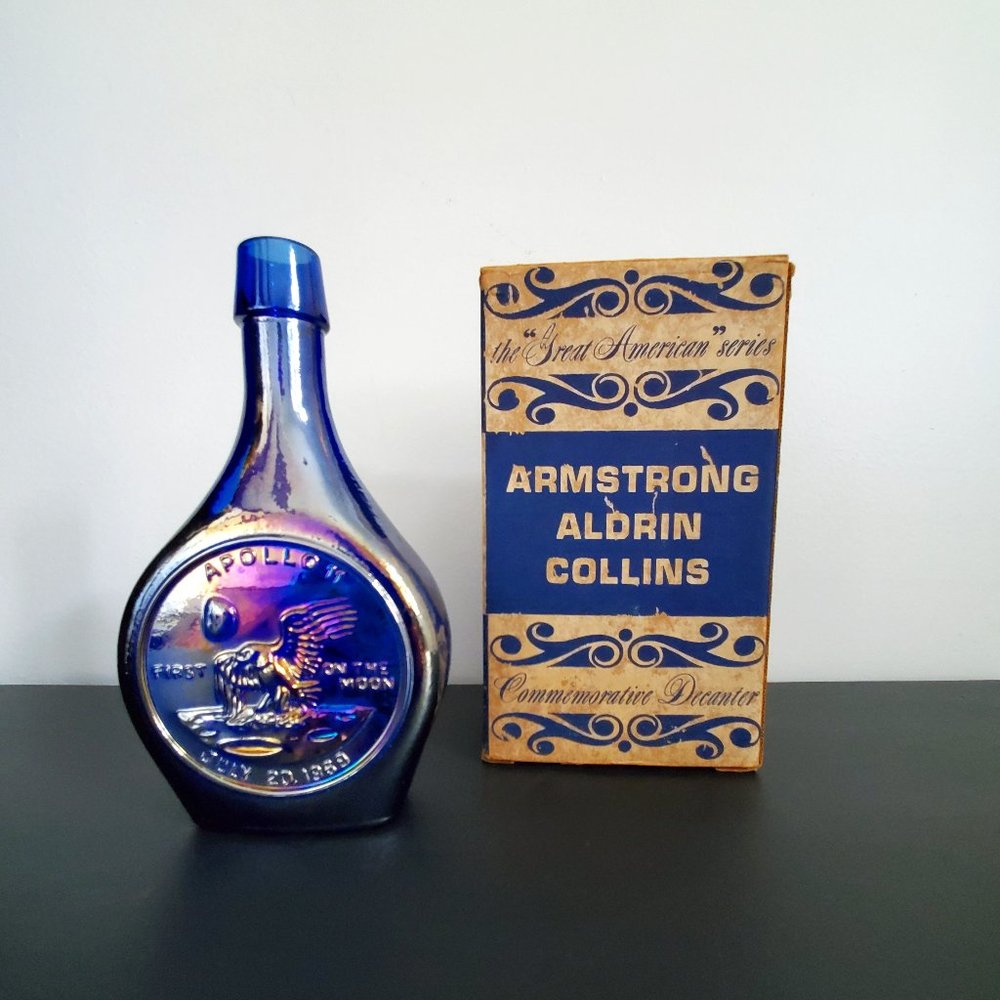 Apollo 11 Armstrong Aldrin Collins Wheaton Blue Carnival Glass Bottle